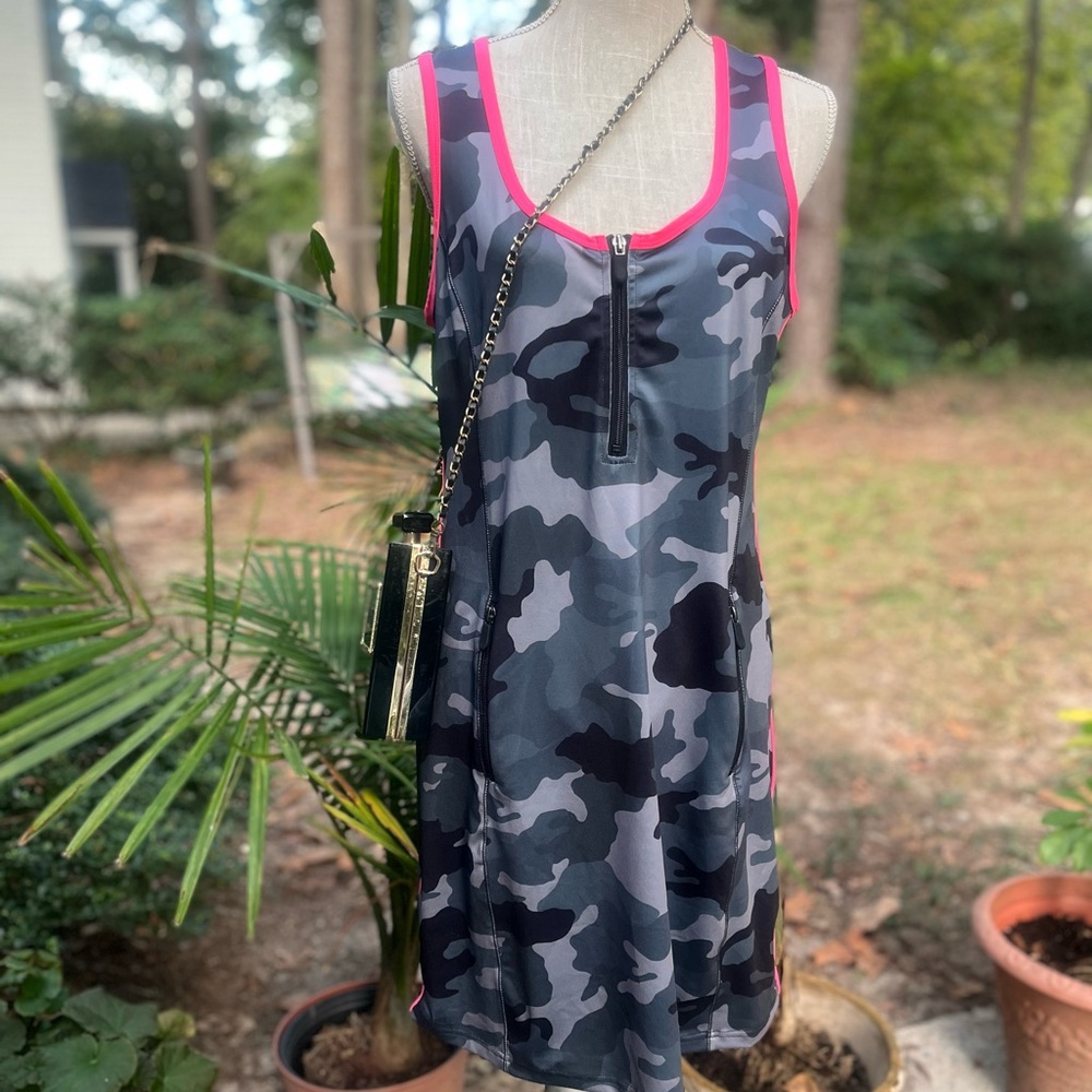 Boston Proper Camouflage Grey Sleeveless Dress, Pink Trim, M, EUC, Athleisure